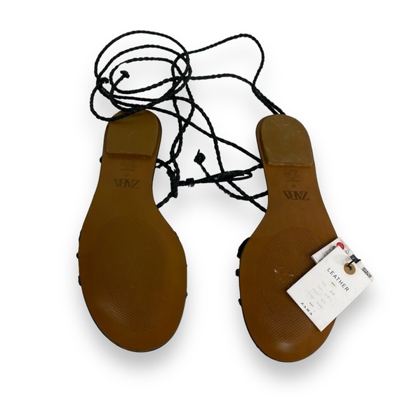 Black Zara Braided Leather Flat Tie Up Sandals Women’s Size 7.5 - Picture 10 of 12
